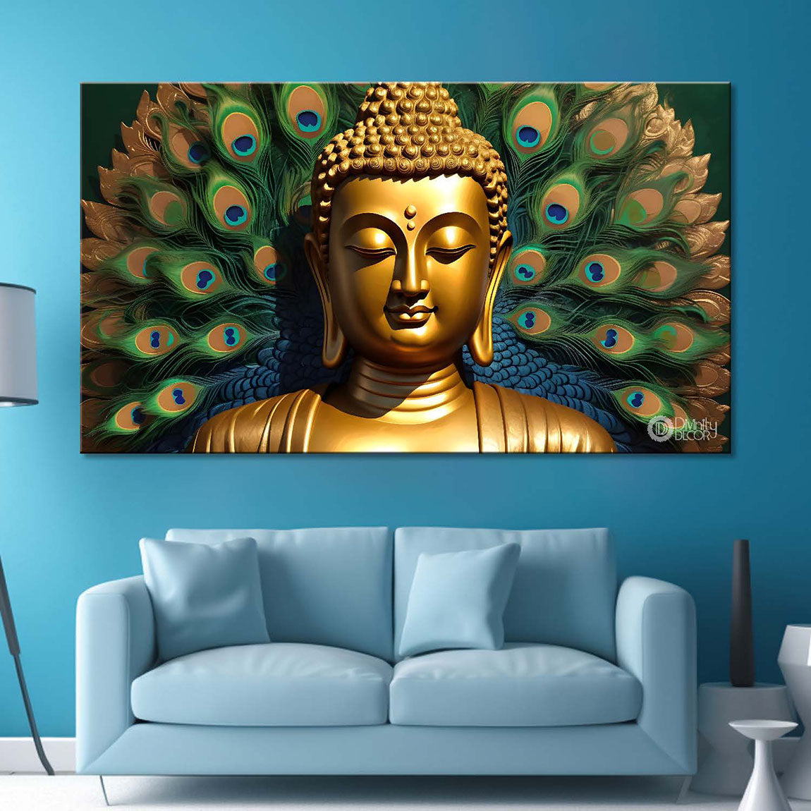 Golden buddha with the peacock feathers background textured painting Canvas Wall Painting - Buddha-438