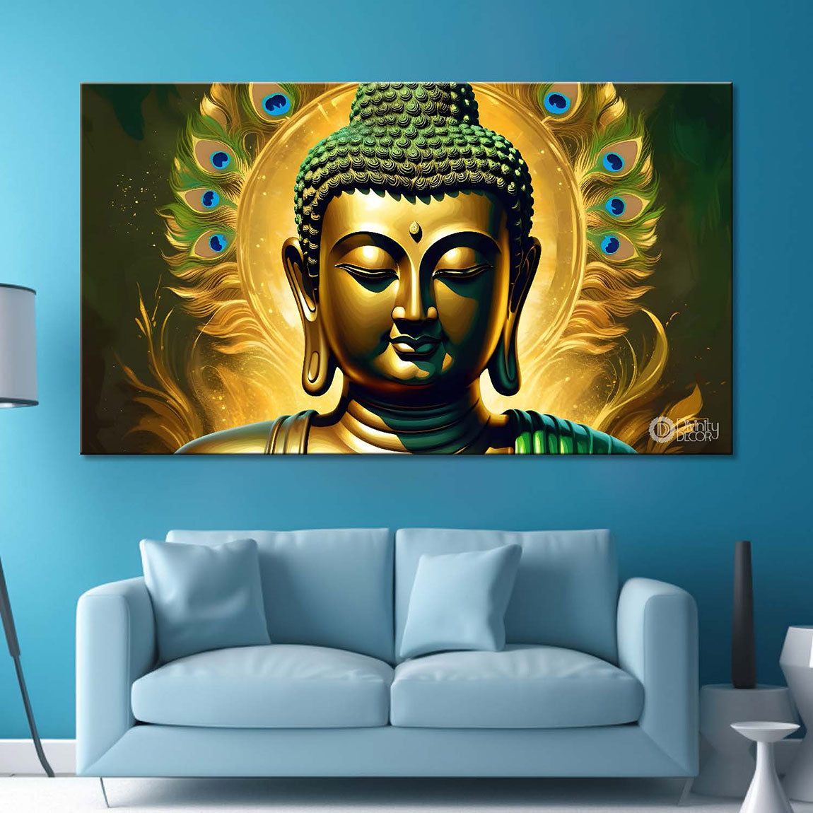 Golden buddha with the peacock feathers background textured painting Canvas Wall Painting - Buddha-439