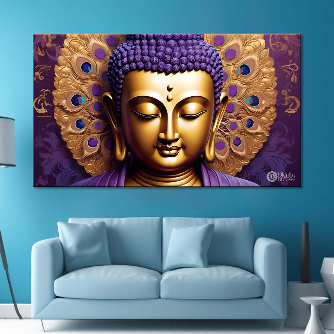 Purple buddha with the peacock feathers background textured painting Canvas Wall Painting - Buddha-440