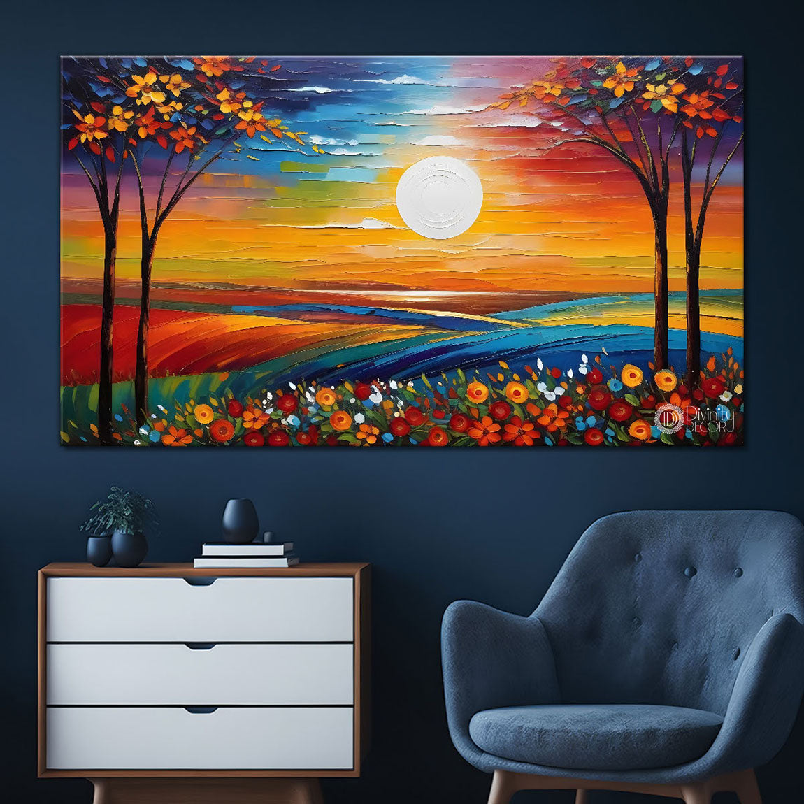 Trees with flower and sunset painting Canvas Painting - Nature Art -440