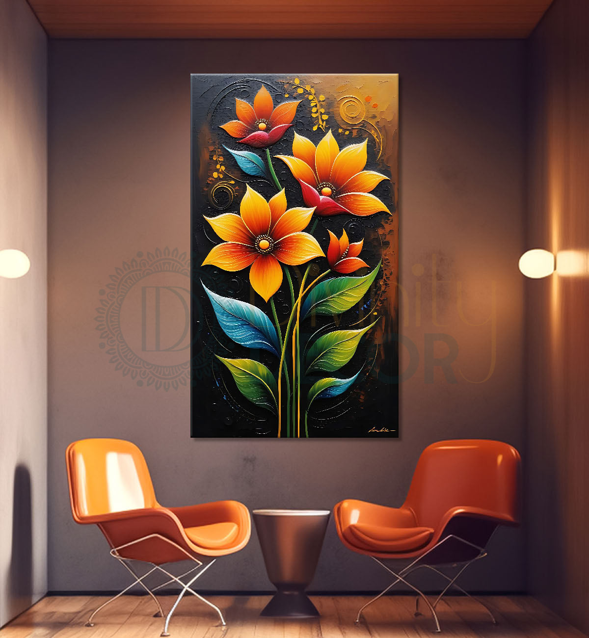orange flowers in brown textured painting - Flower-V-440