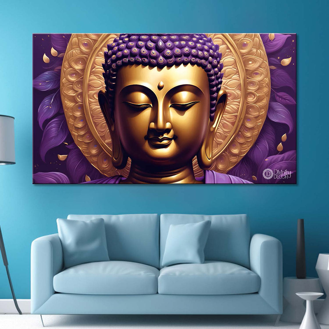 Purple buddha with the peacock feathers background textured painting Canvas Wall Painting - Buddha-441
