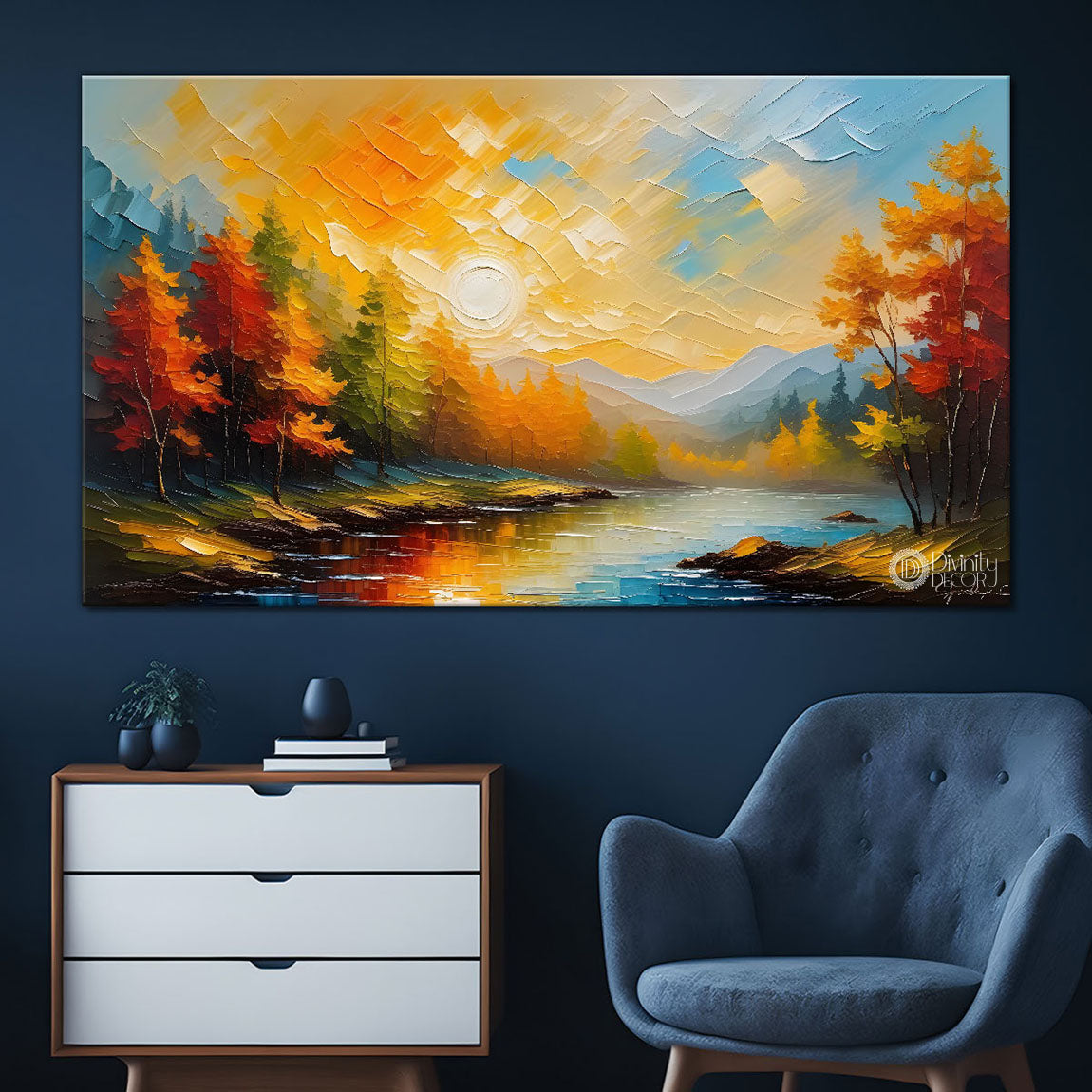 Colorful trees with river painting Canvas Painting - Nature Art -441