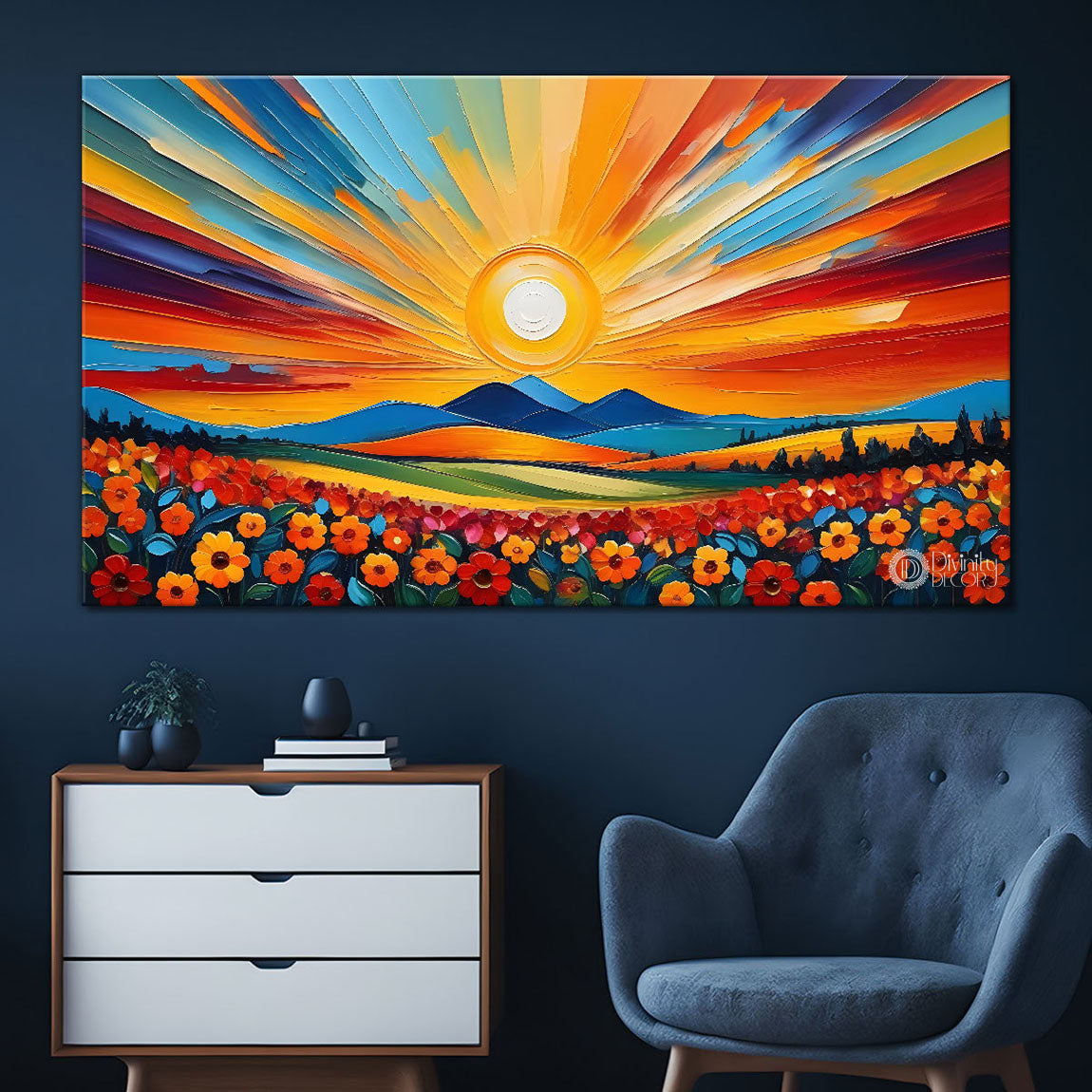 Mountains with flowers and sunset painting Canvas Painting - Nature Art -442