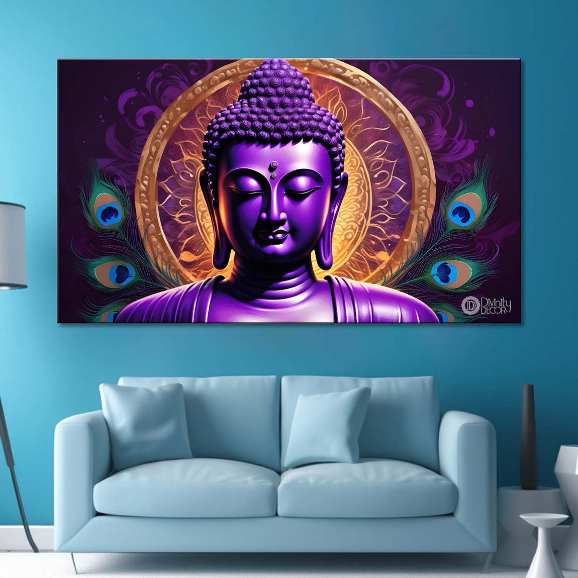 Purple buddha with the peacock feathers background textured painting Canvas Wall Painting - Buddha-443