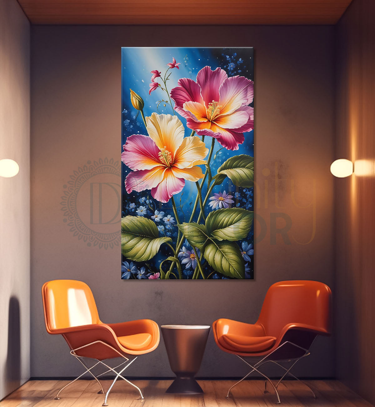 Pink flowers in blue textured painting - Flower-V-443