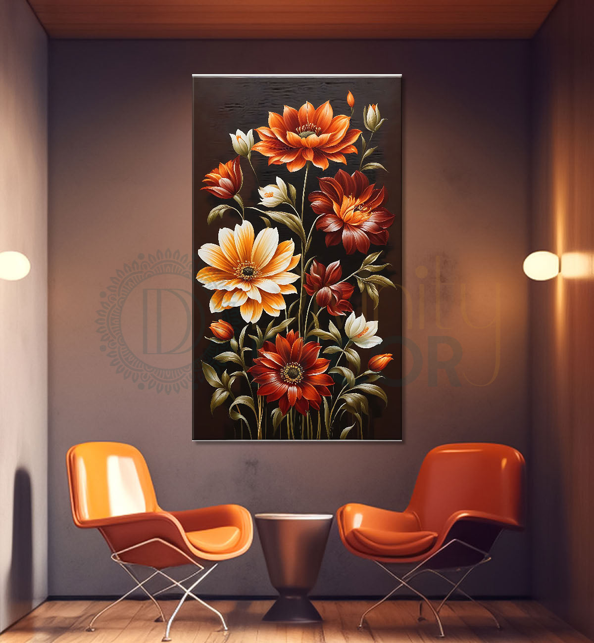 Orange and white flowers in brown textured painting- Flower-V-444