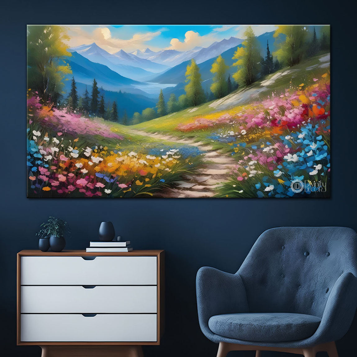 Mountains with flowers painting Canvas Painting - Nature Art -444