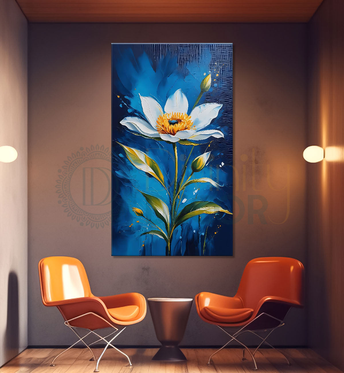 White flower in blue textured painting- Flower-V-445