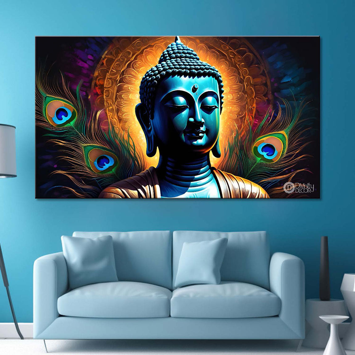 Blue buddha with the peacock feathers background textured painting textured painting Canvas Wall Painting - Buddha-446