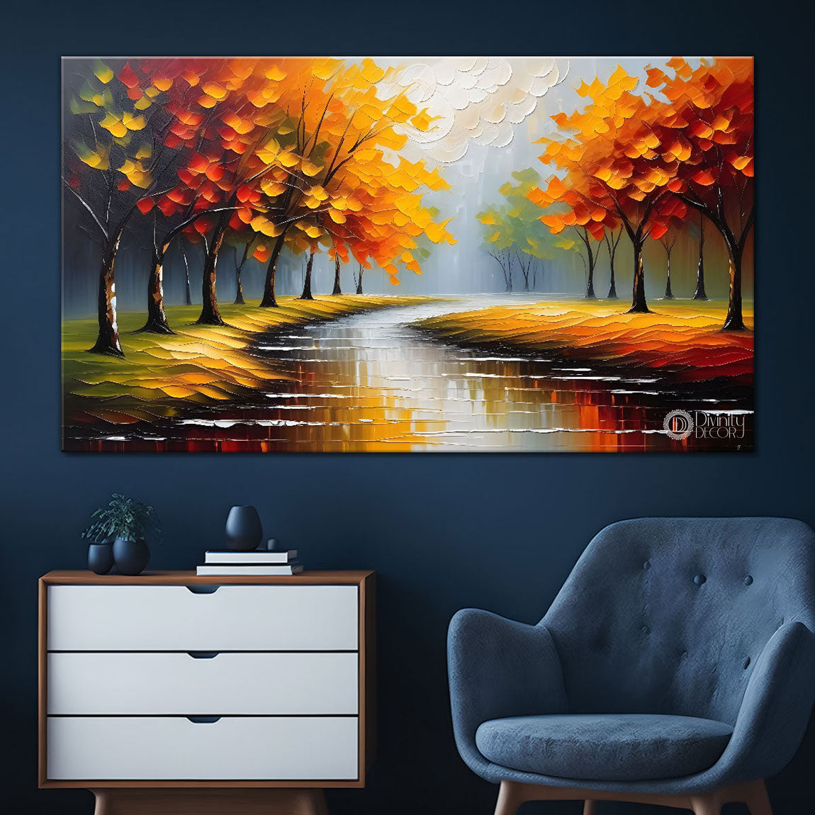 Orange trees with lake painting Canvas Painting - Nature Art -446