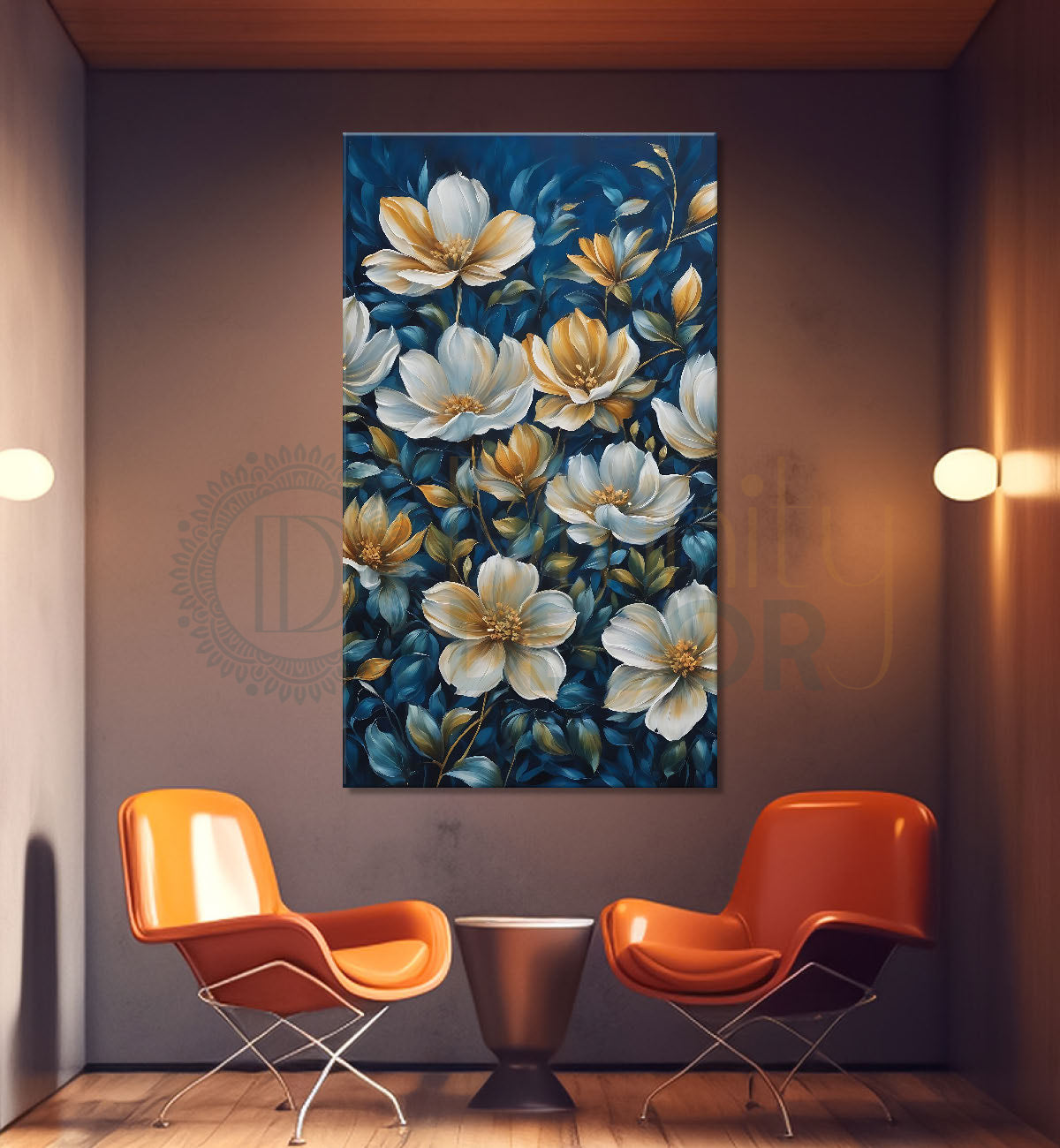 White flowers in blue textured painting- Flower-V-446
