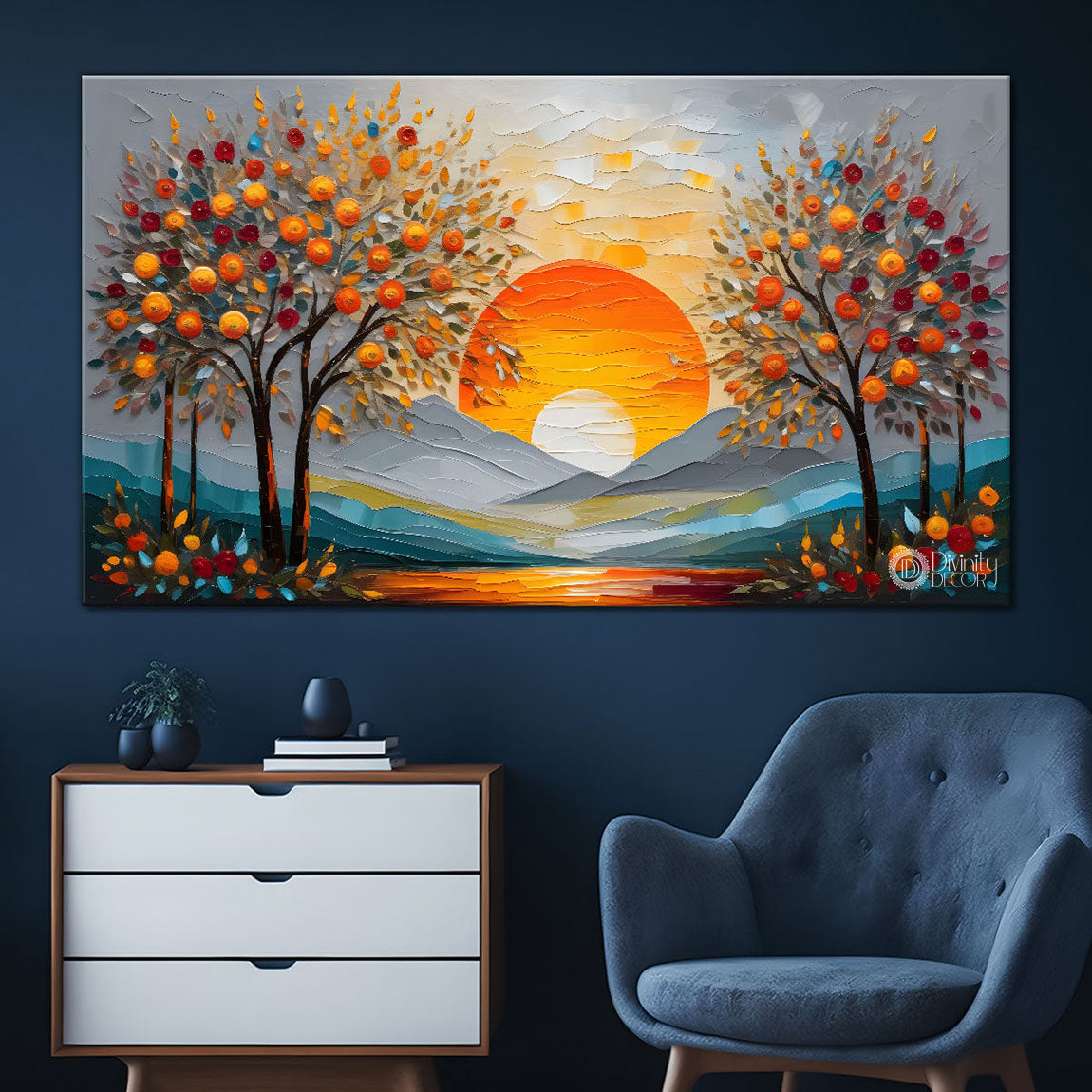 Trees with sun textured painting Canvas Painting - Nature Art -447
