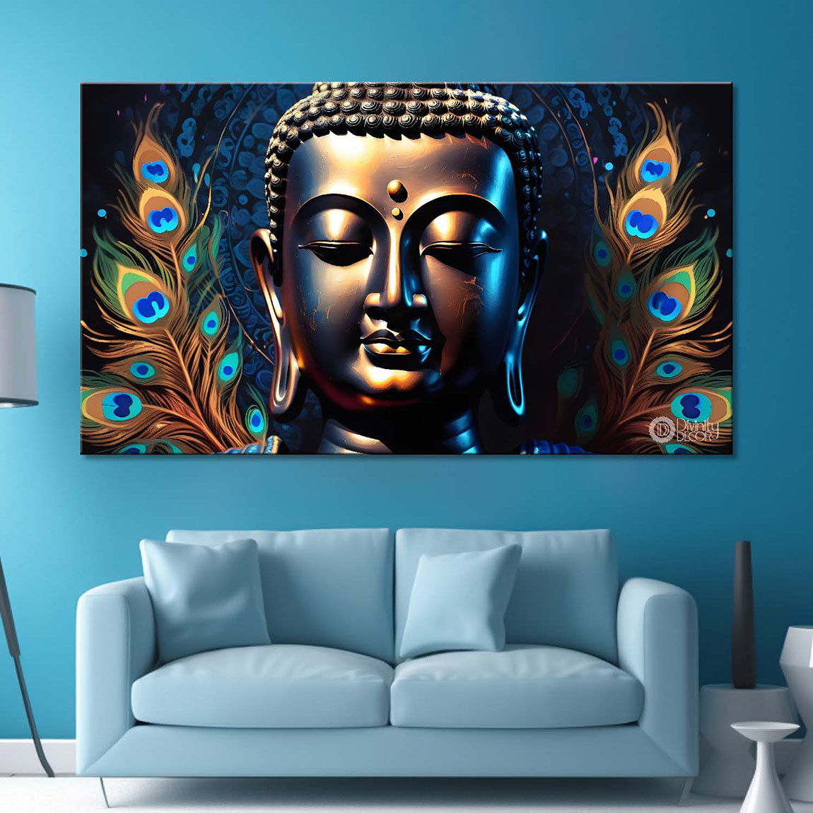 Golden buddha with the peacock feathers background textured painting Canvas Wall Painting - Buddha-448