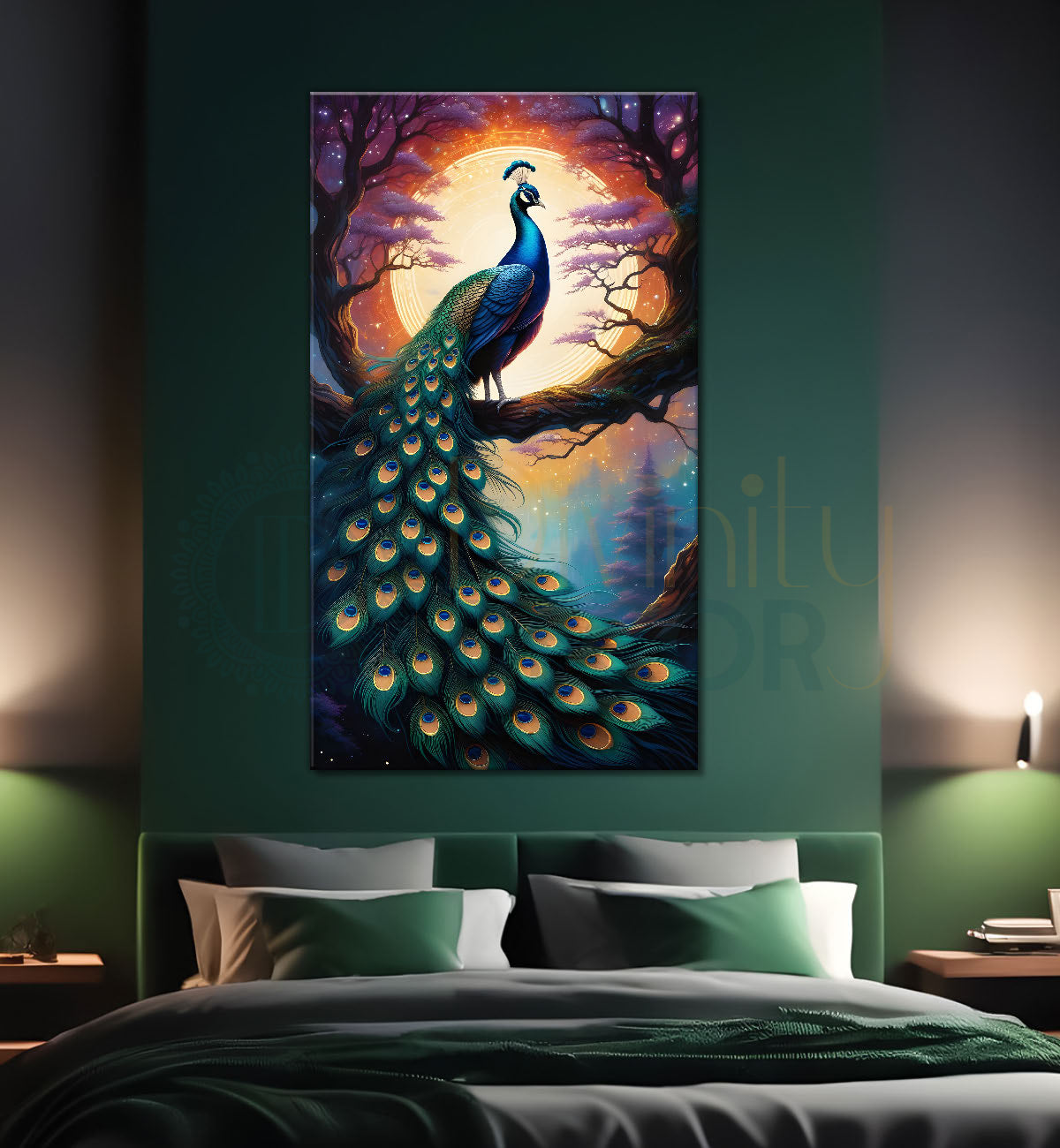 Peacock on branch in front of moon with dark background modern art painting  - Design - Peacock-V-44