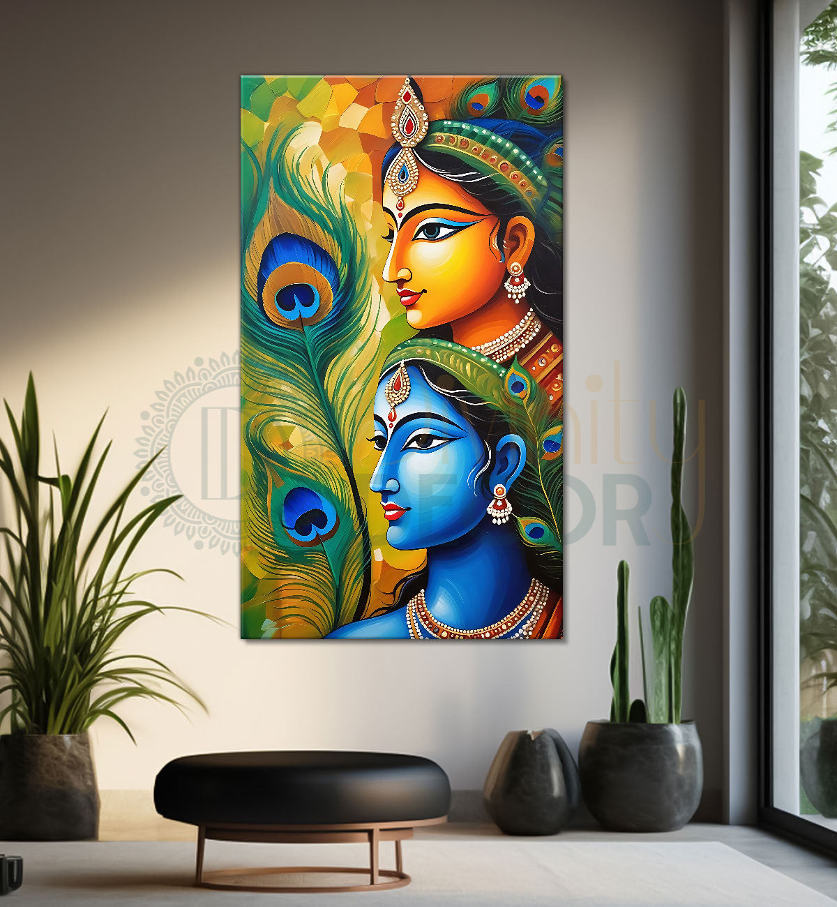 Blue face of krishna with radha in peacock feathers background textured art Canvas Painting - Design - Krishna-V-44