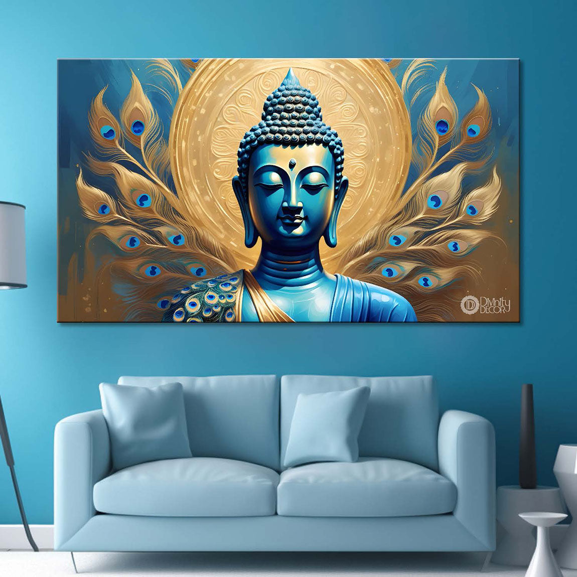 Blue buddha with the peacock feathers background textured painting Canvas Wall Painting - Buddha-450