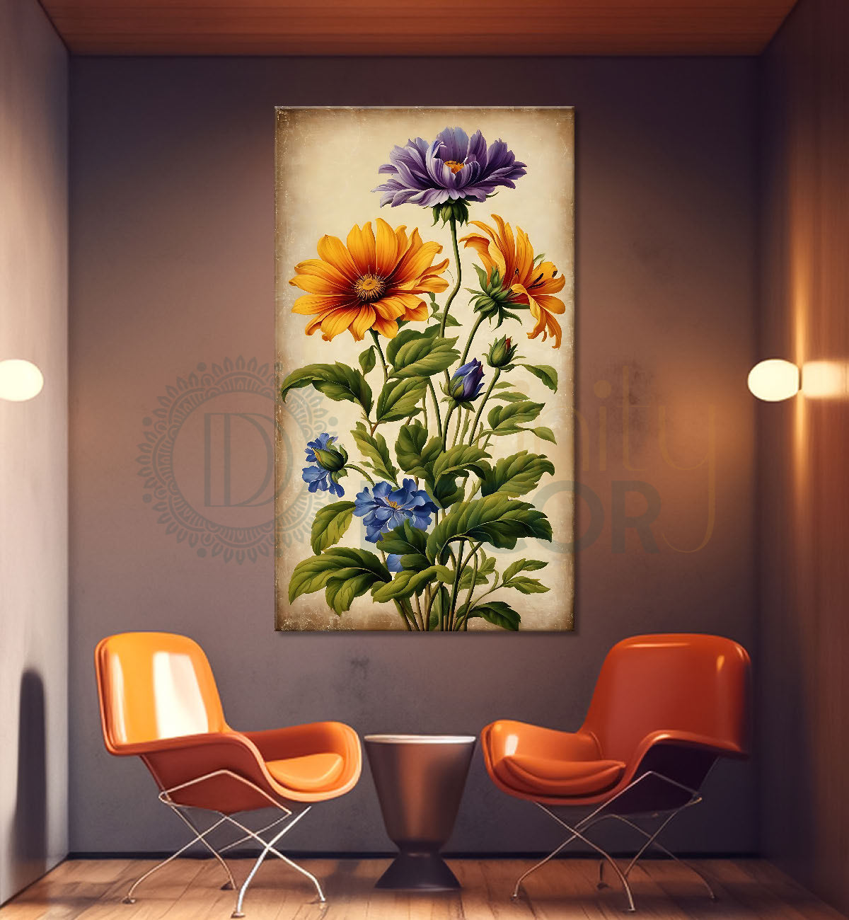 Yellow and purple flowers in light background painting - Flower-V-451
