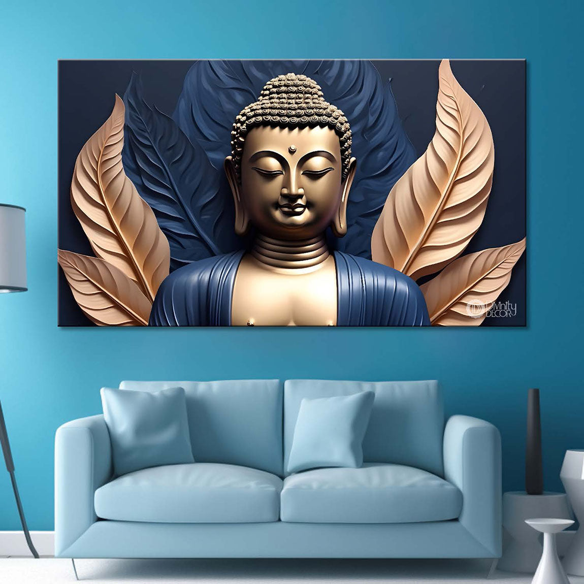 Golden buddha with the blue and golden leaf background textured painting Canvas Wall Painting - Buddha-452