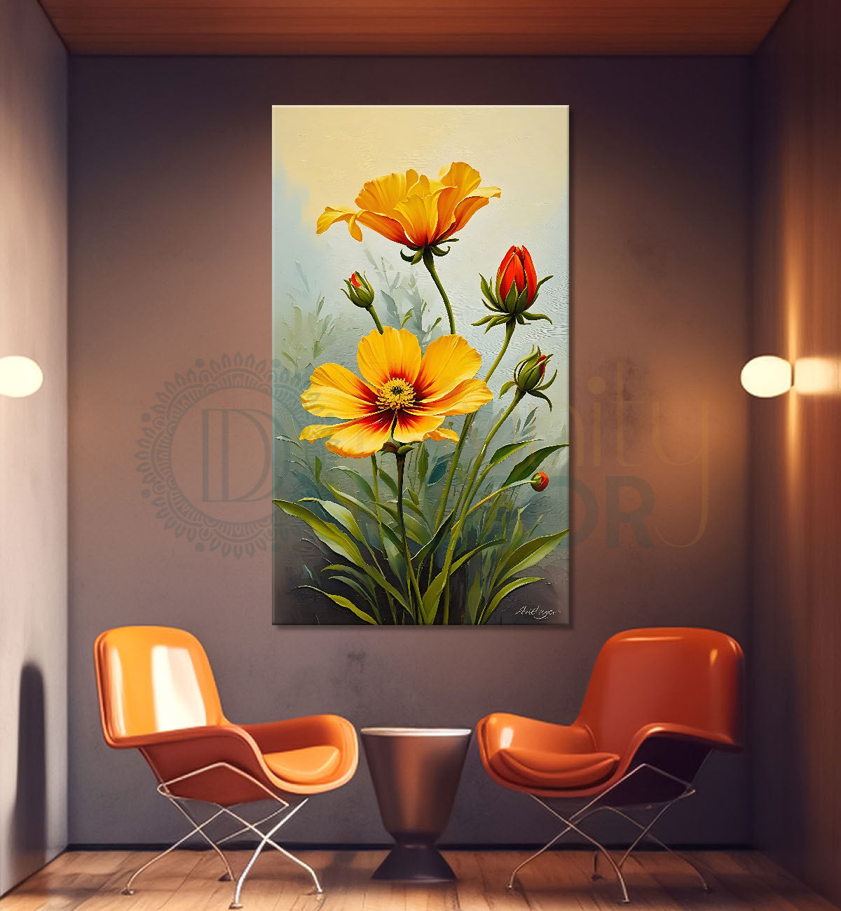 Yellow flowers in grey textured background painting - Flower-V-452