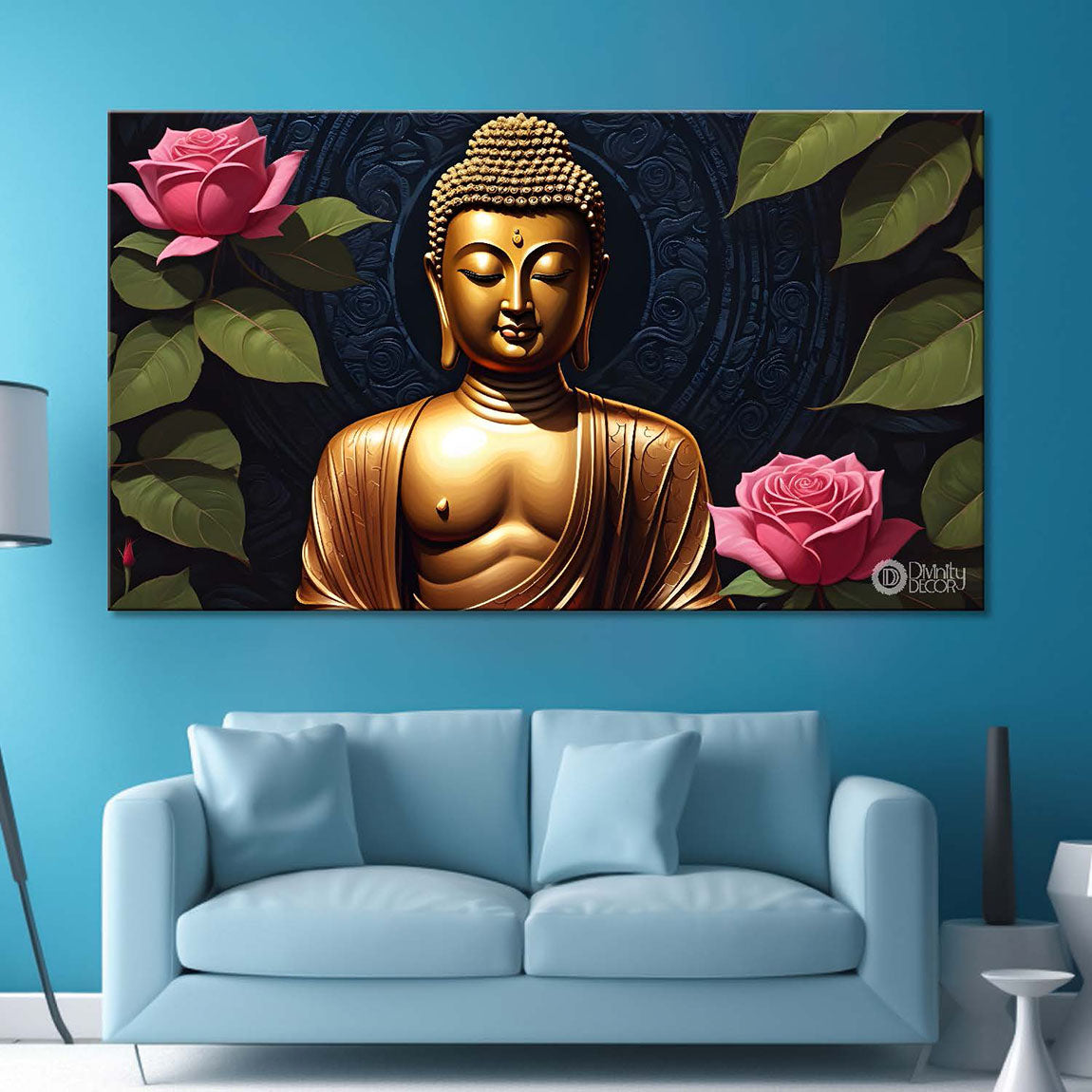 Golden buddha with the flowers background textured painting Canvas Wall Painting - Buddha-453