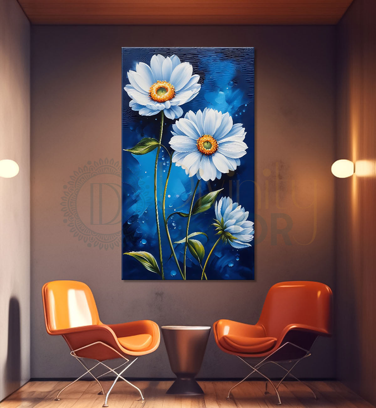 White flowers in navy blue background painting- Flower-V-453