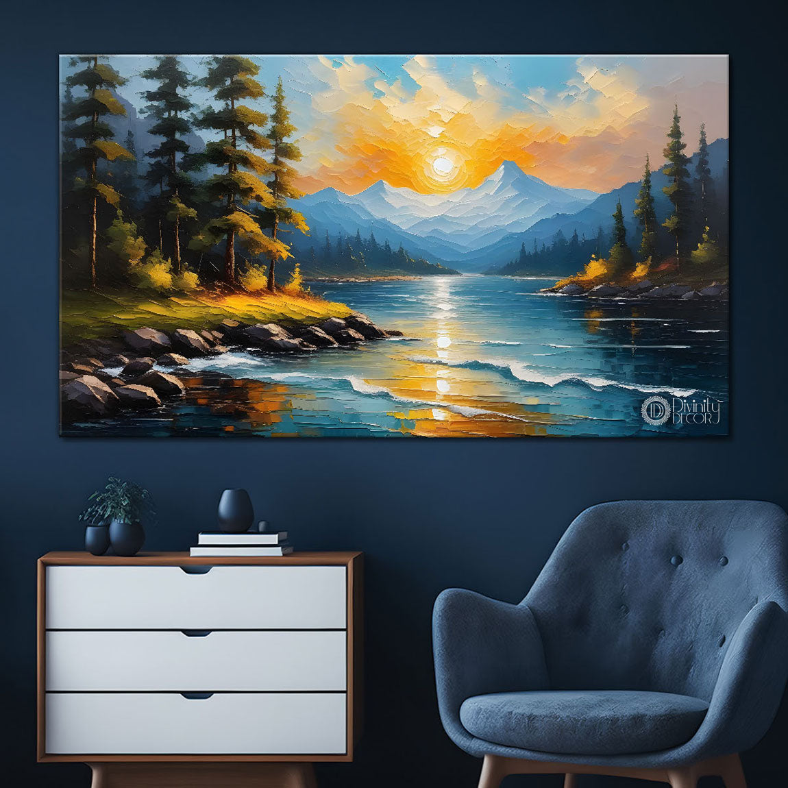 Mountains with trees and river in textured painting Canvas Painting - Nature Art -453