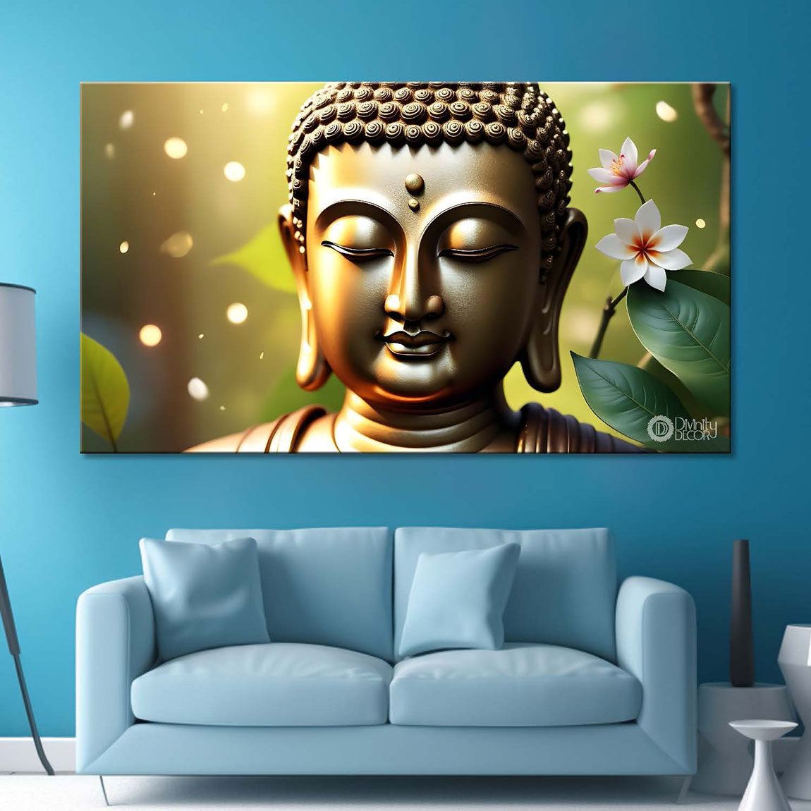 Golden buddha face with white flowers  background textured painting Canvas Wall Painting - Buddha-454