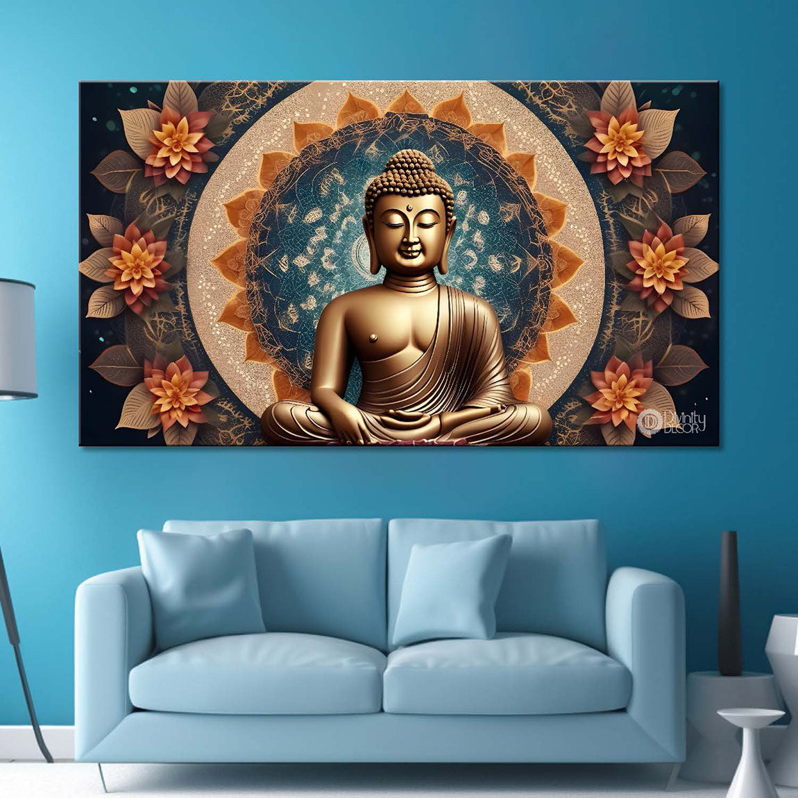 Golden buddha with orange flowers and chakra background textured painting Canvas Wall Painting - Buddha-455