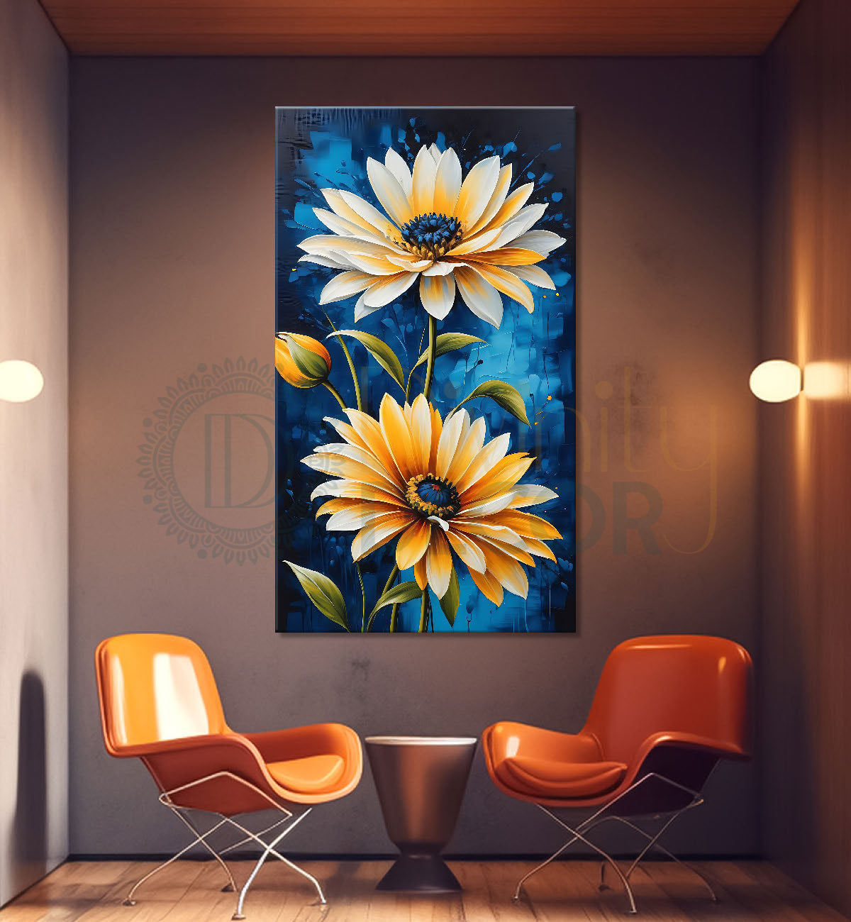 Yellow flowers in blue background painting- Flower-V-456