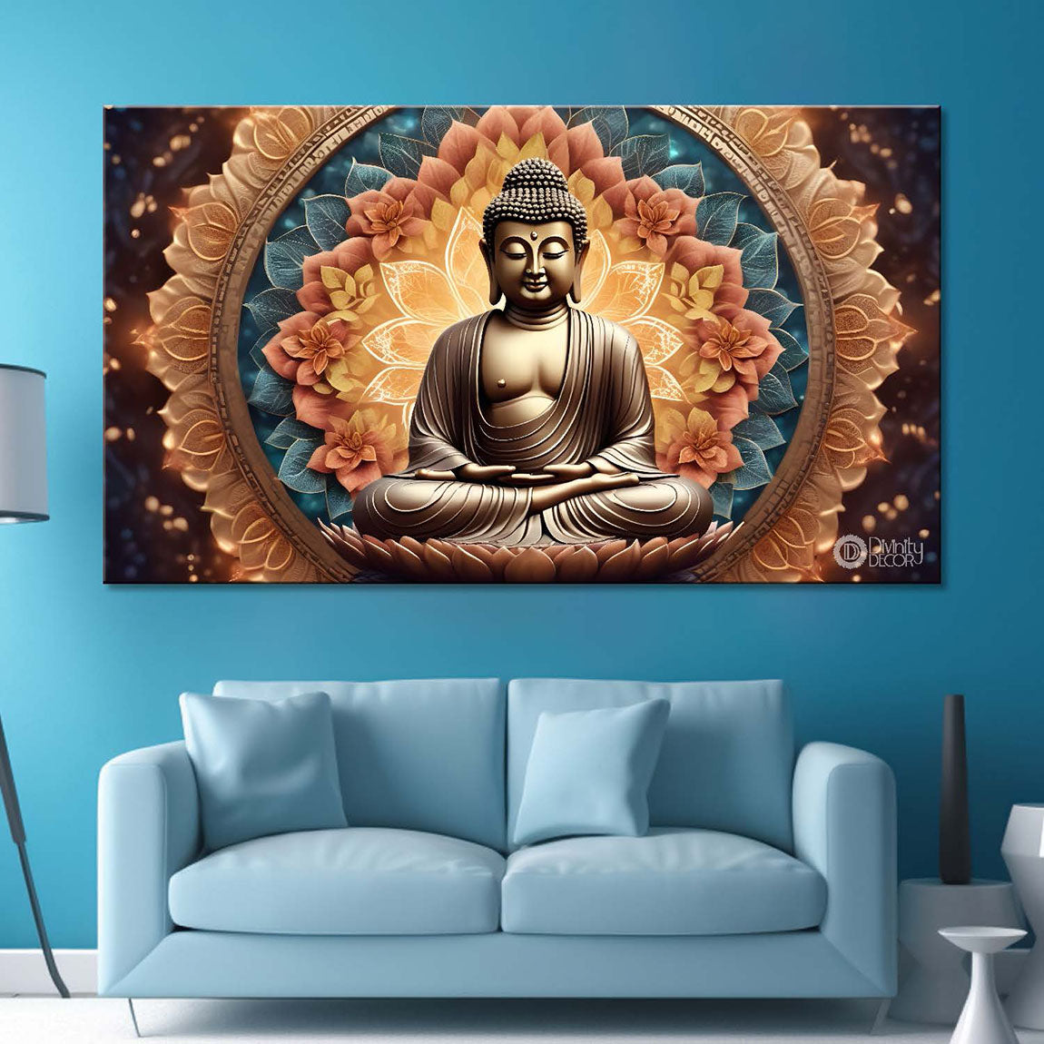 Golden buddha with orange flowers and chakra background textured painting Canvas Wall Painting - Buddha-457