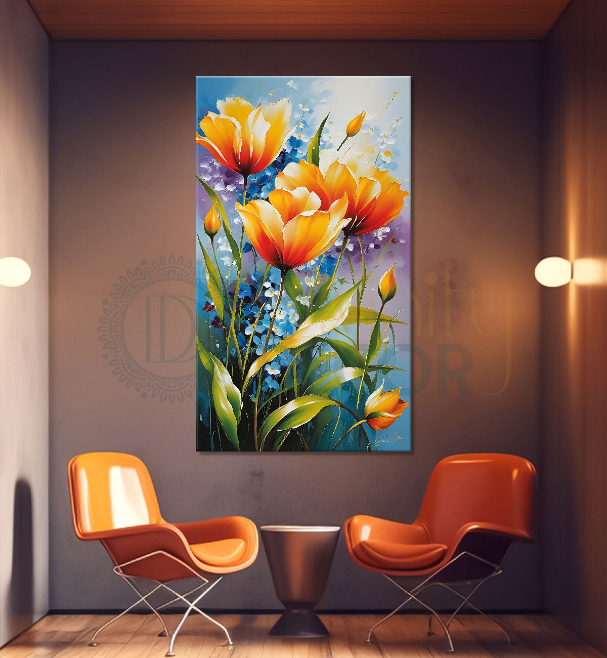 Orange flowers in sky blue textured painting - Flower-V-457