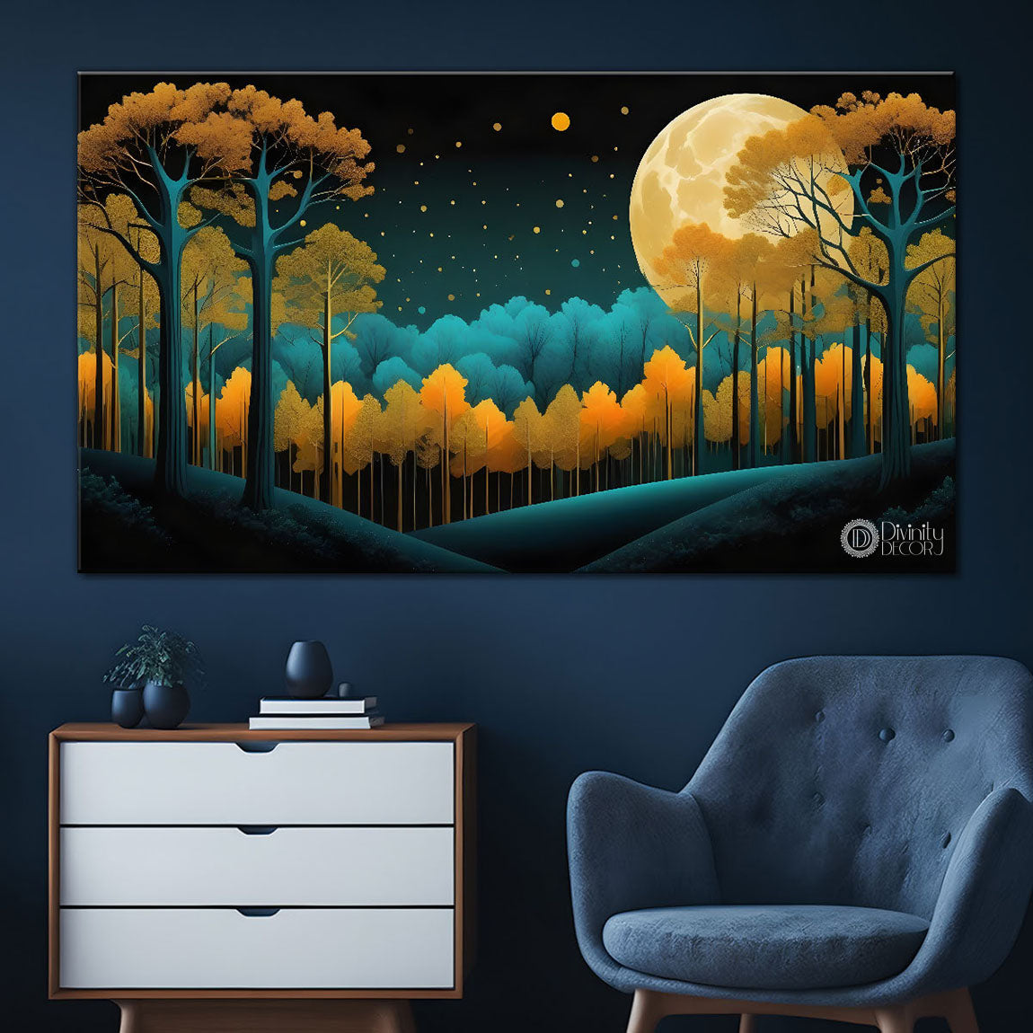 Moon with tree in green background painting Canvas Painting - Nature Art -457
