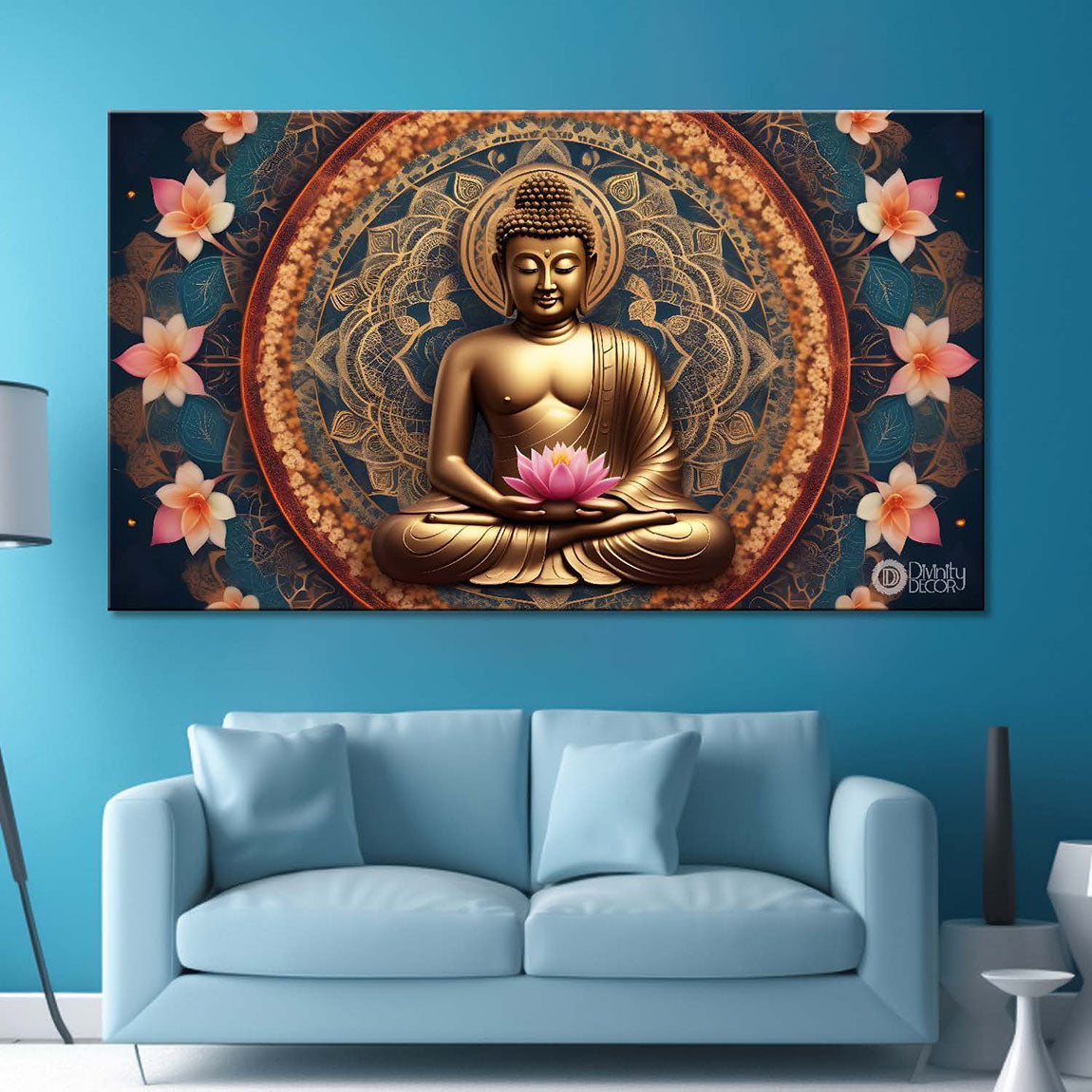 Golden buddha with orange flowers and chakra background textured painting Canvas Wall Painting - Buddha-458