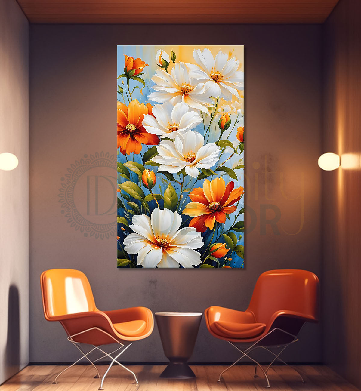 Orange and white flowers textured painting - Flower-V-458