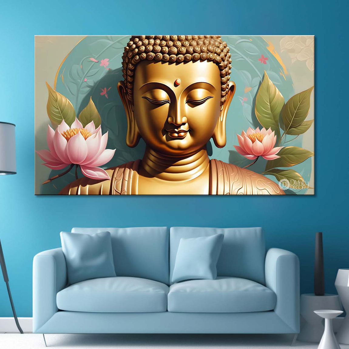 Golden buddha with the lotuses background textured painting Canvas Wall Painting - Buddha-459