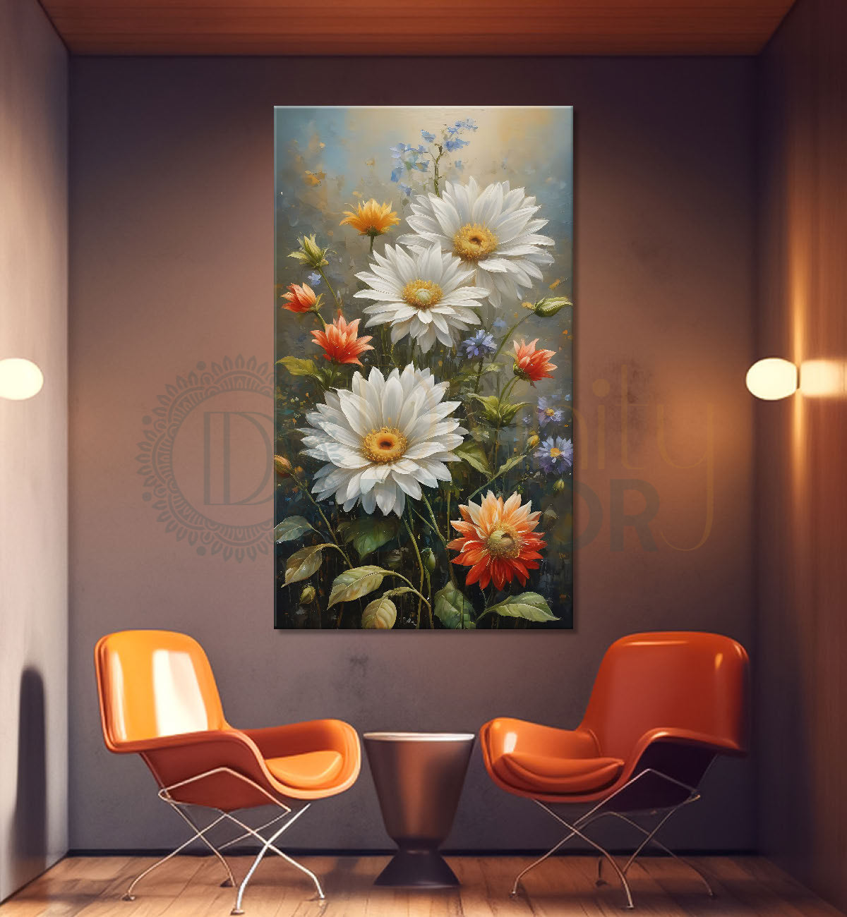White flowers in grey textured painting- Flower-V-459
