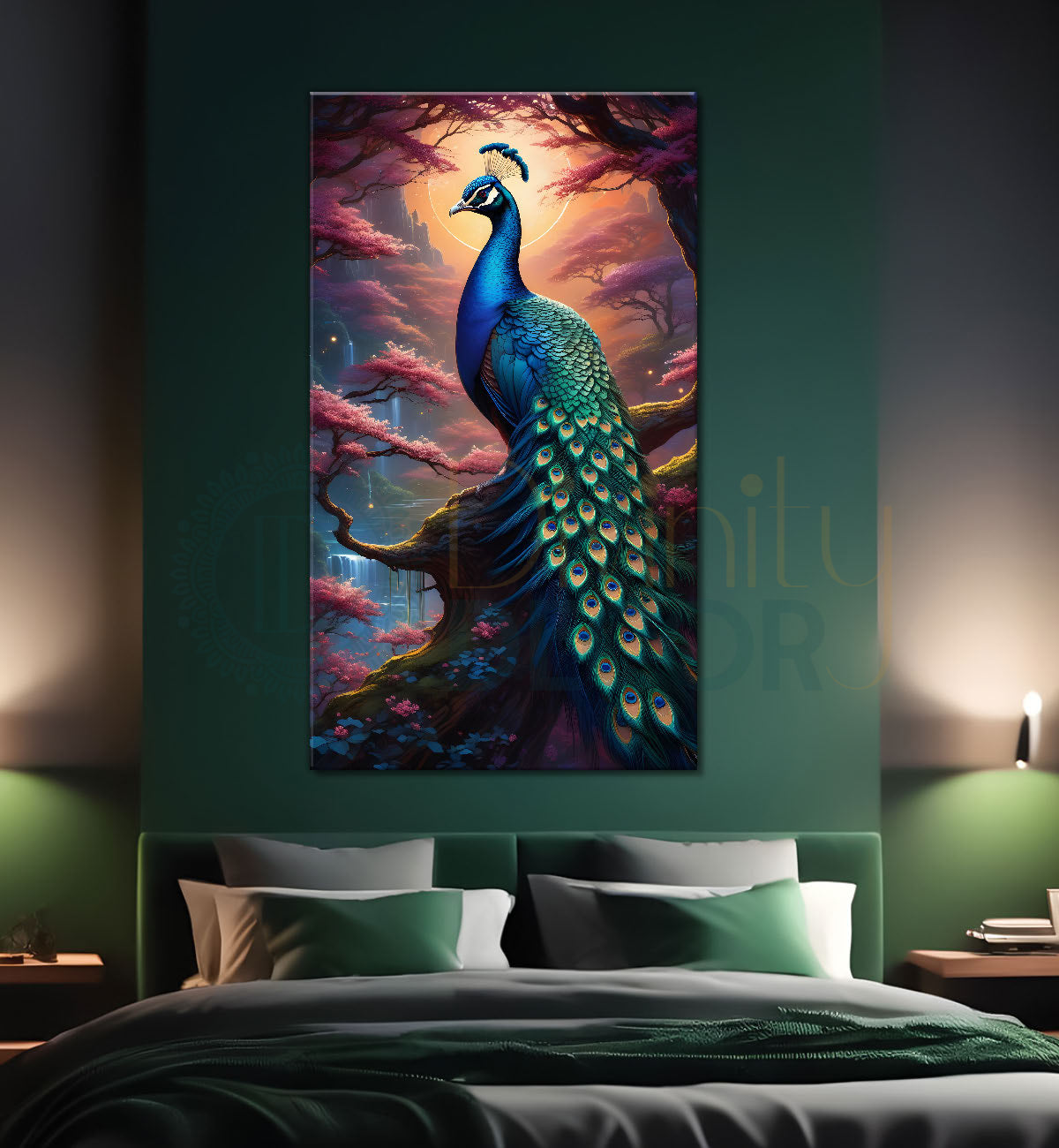 Peacock on branch in front of moon with purple background modern art painting  - Design - Peacock-V-45