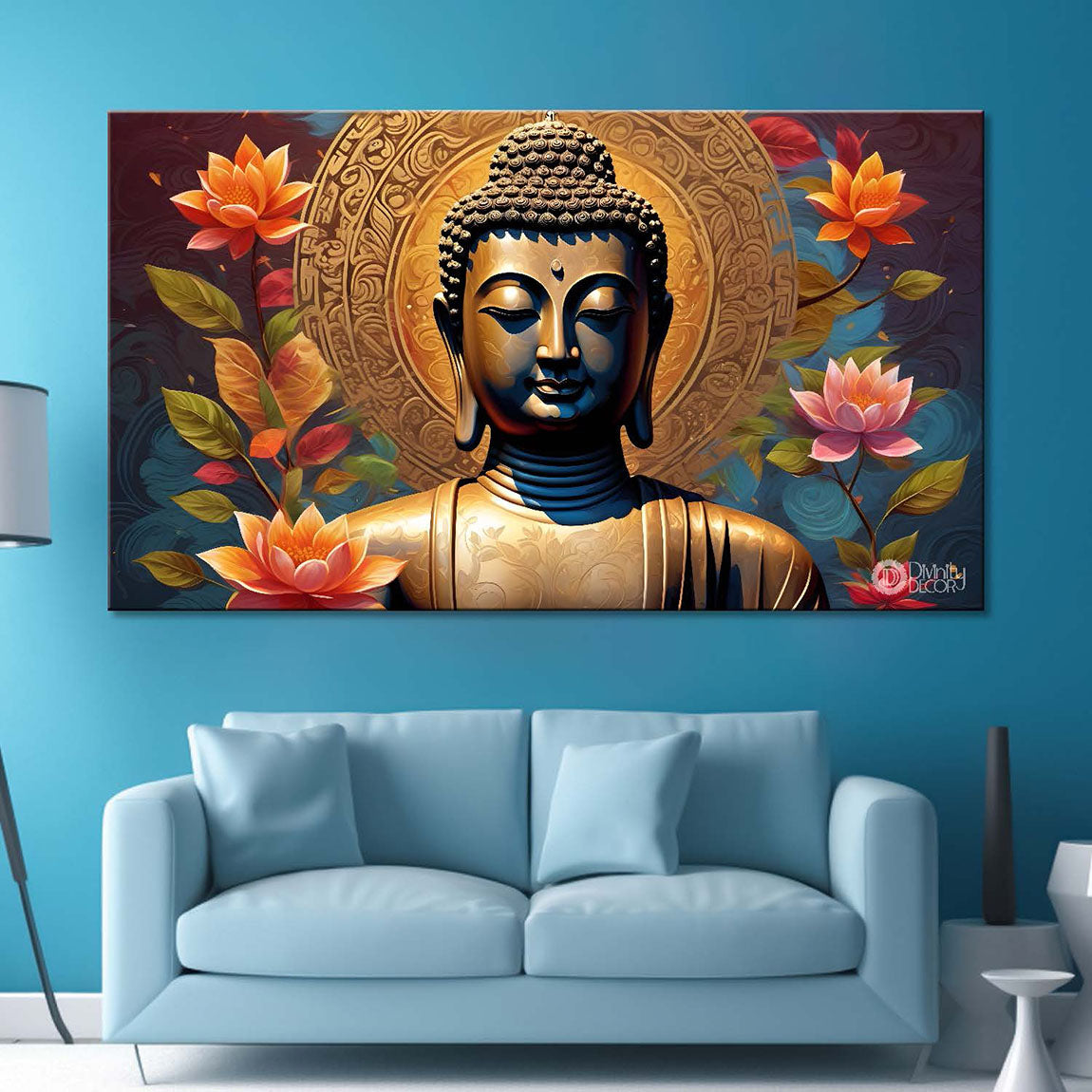 Golden buddha with the lotuses background textured painting Canvas Wall Painting - Buddha-460