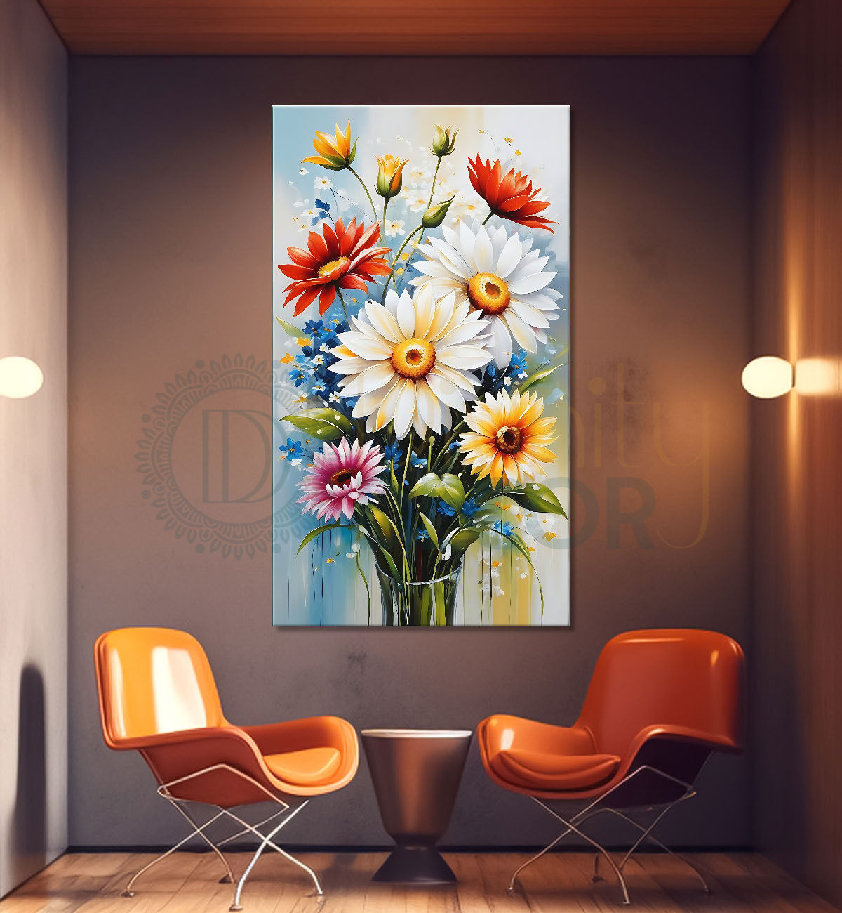 Colourful lowers in sky blue textured background painting- Flower-V-460