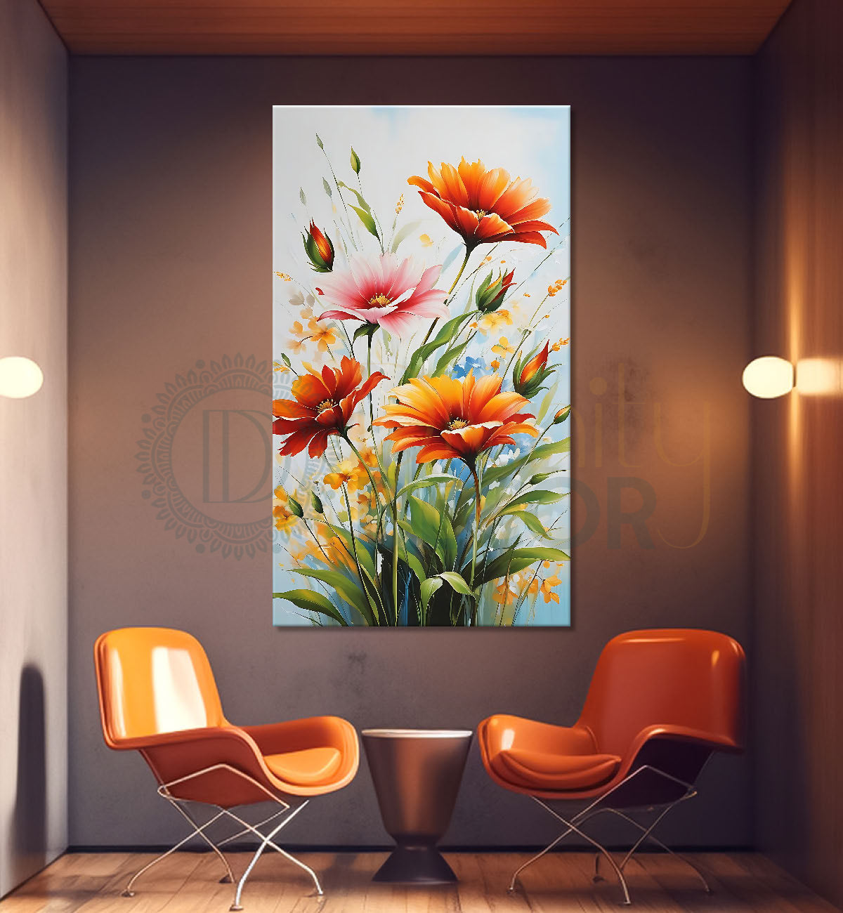 Orange flowers in grey textured background painting - Flower-V-461