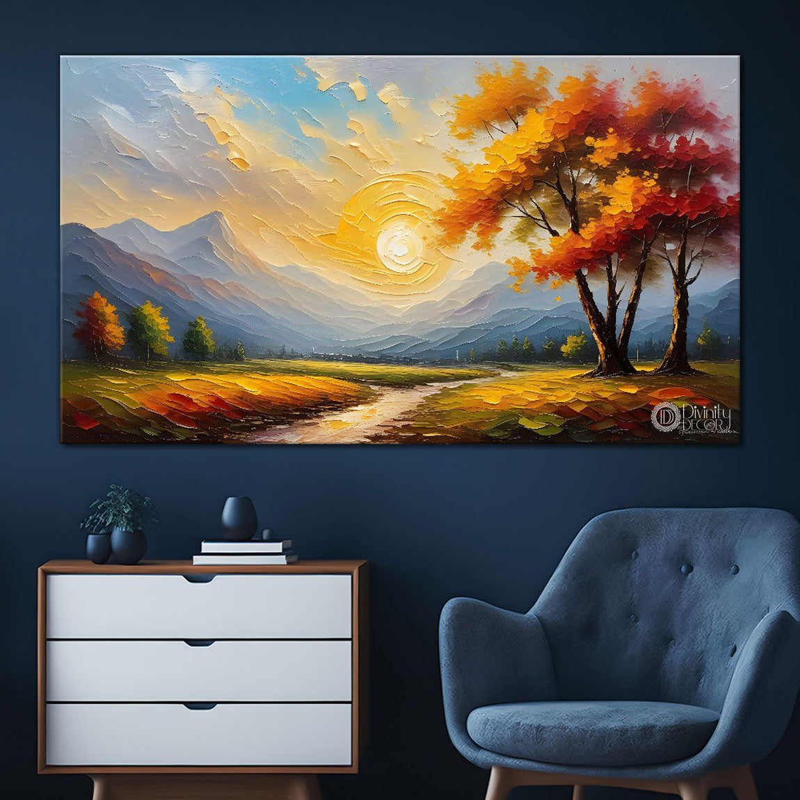 Mountains with orange trees painting Canvas Painting - Nature Art -461