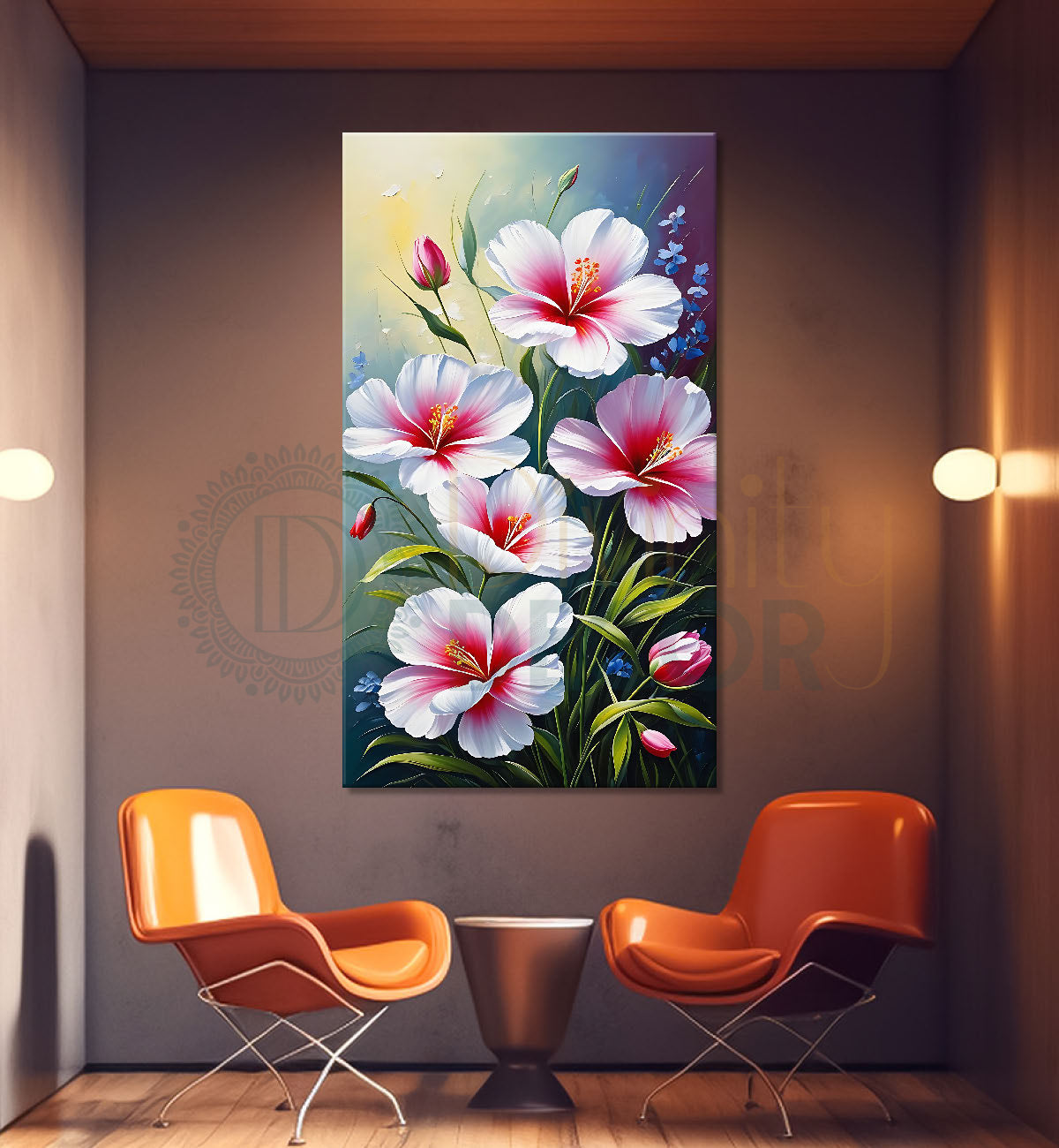 Pink flowers in blue textured painting - Flower-V-462