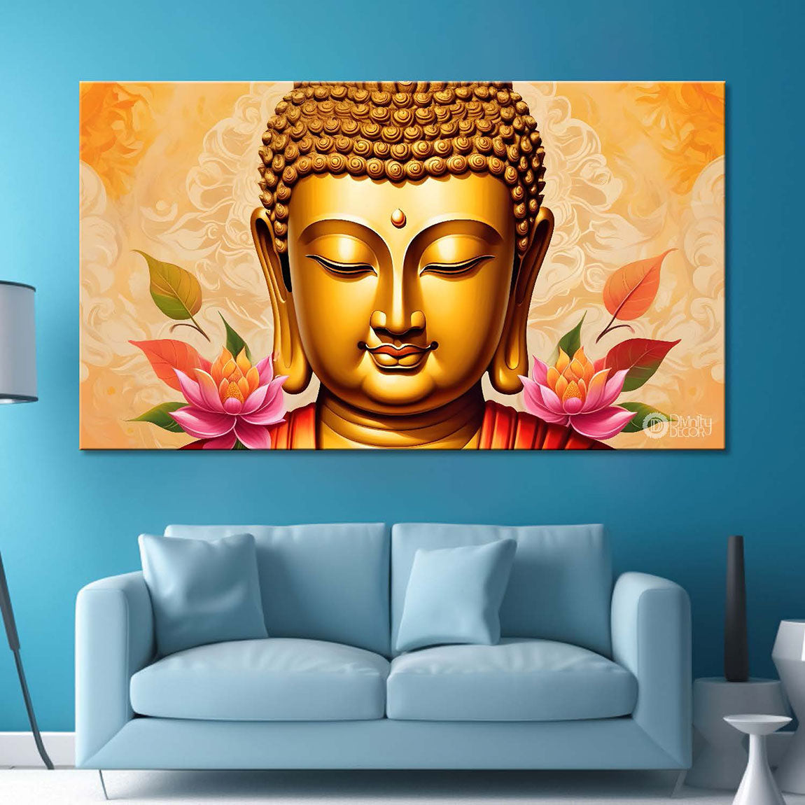 Golden buddha with the lotuses background textured painting Canvas Wall Painting - Buddha-463