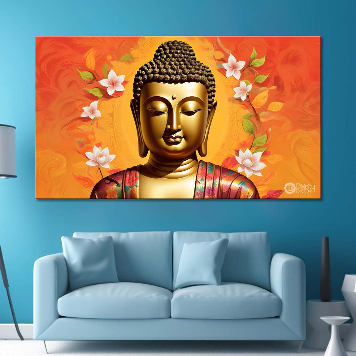 Golden buddha with the orange background textured painting Canvas Wall Painting - Buddha-464