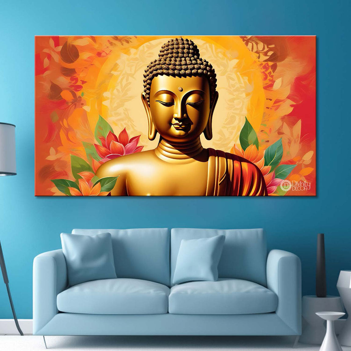 Golden buddha with the orange background textured painting Canvas Wall Painting - Buddha-465