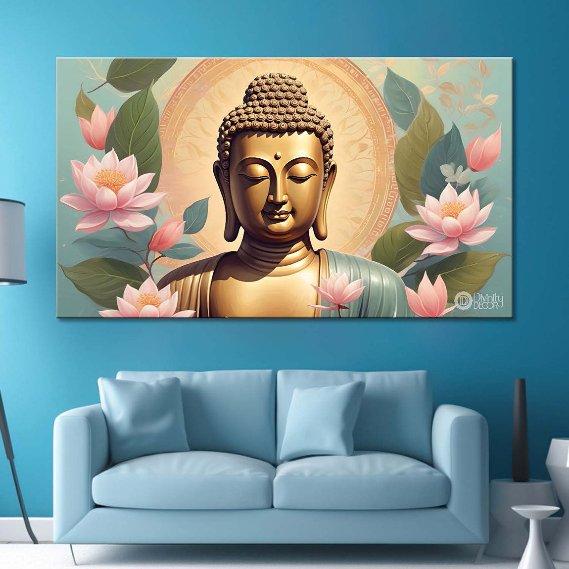 Golden buddha with the beautiful flowers background textured painting Canvas Wall Painting - Buddha-466