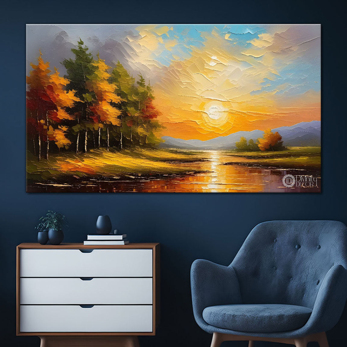 River with tree and sunset painting Canvas Painting - Nature Art -466