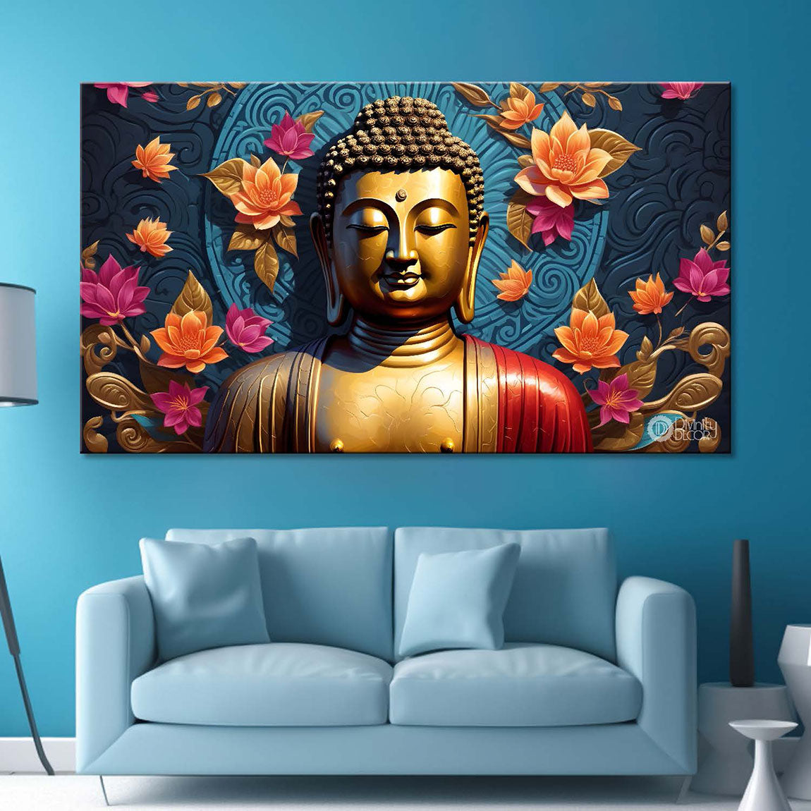 Golden buddha with the beautiful flowers background textured painting Canvas Wall Painting - Buddha-467