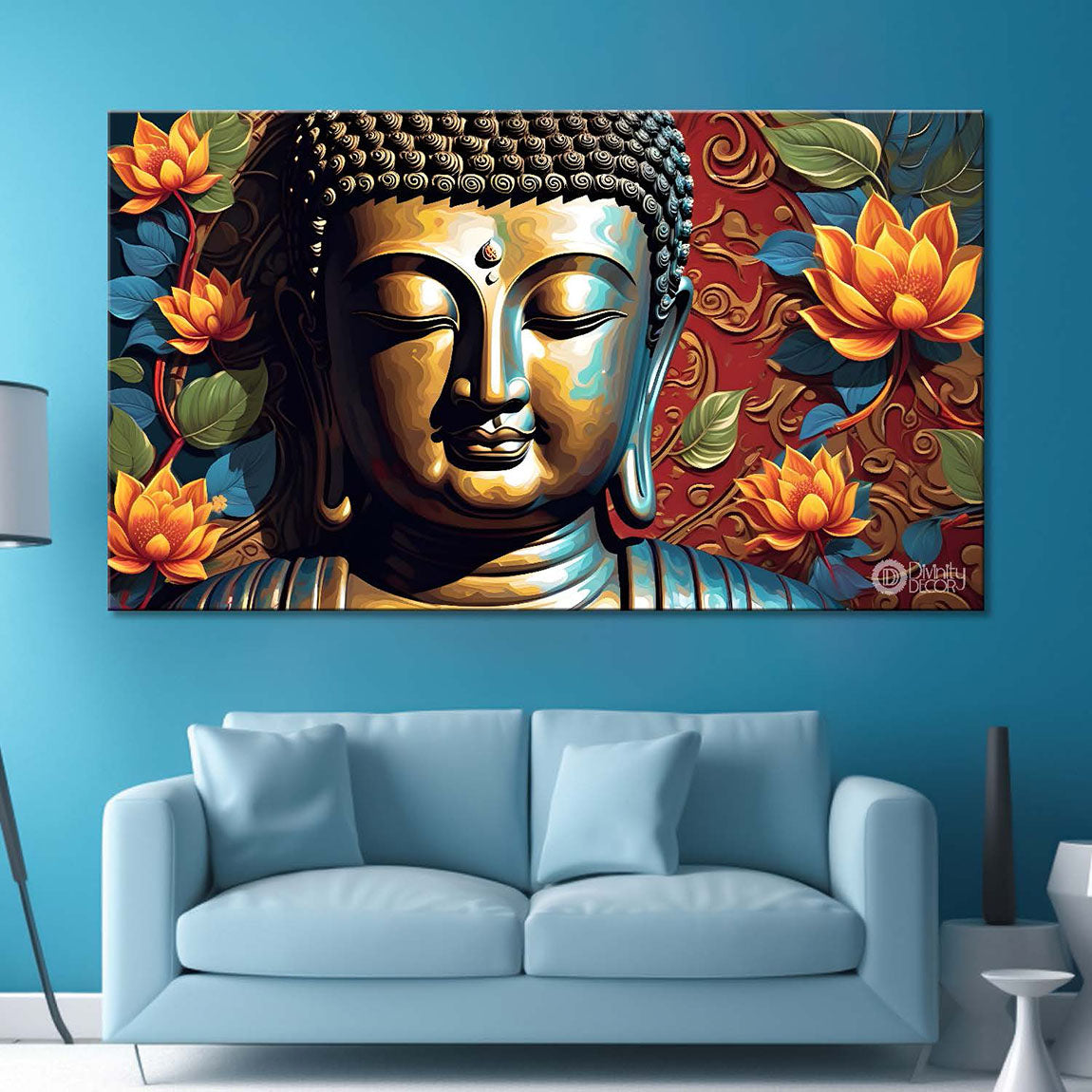 Golden buddha with the beautiful flowers background textured painting Canvas Wall Painting - Buddha-468